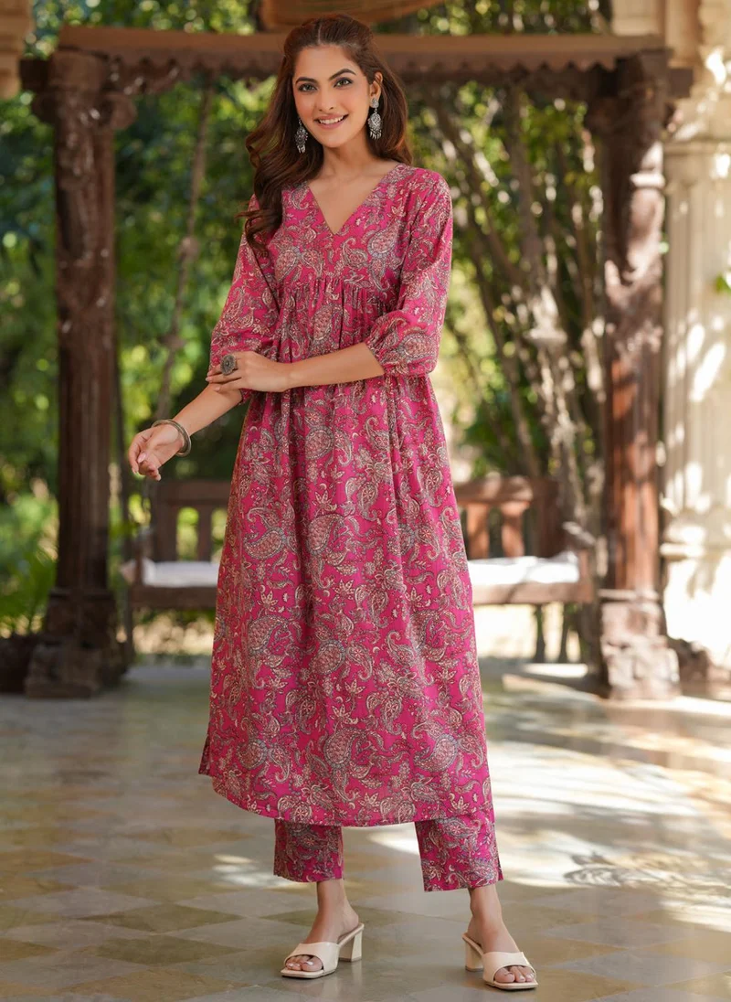 Zeresouq Pink Cotton Floral A-Line Kurta Bottom Set